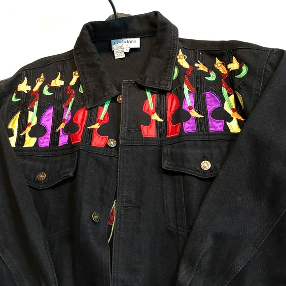Vintage Cedars 80s Cellos Piano Art Deco Denim Jacket - Picture 4 of 8